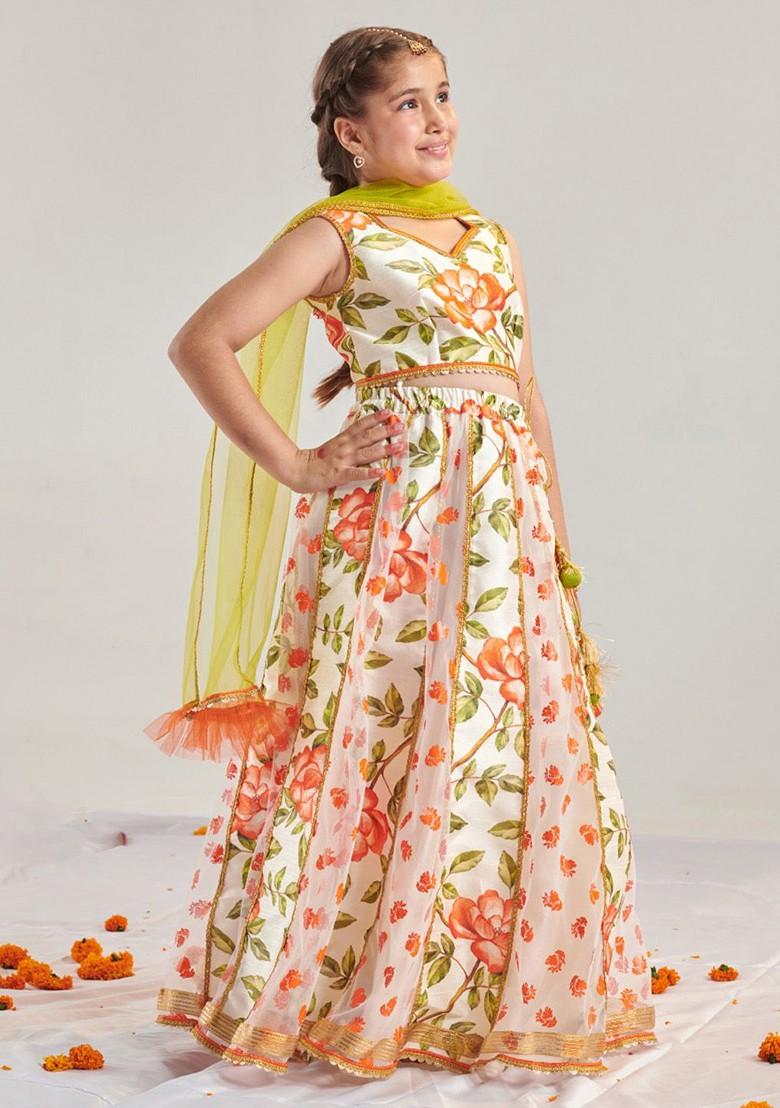 Orange Printed Blended Lehenga Choli For Girls - Indya