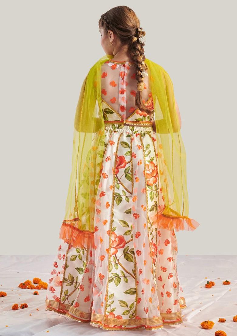 Orange Printed Blended Lehenga Choli For Girls - Indya
