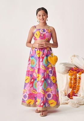 Purple Printed Blended Lehenga Choli For Girls