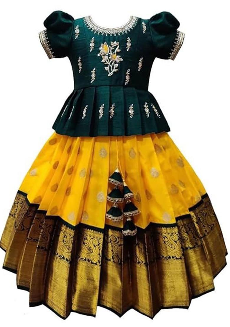 Green Embellished Blended Lehenga Choli For Girls - Indya