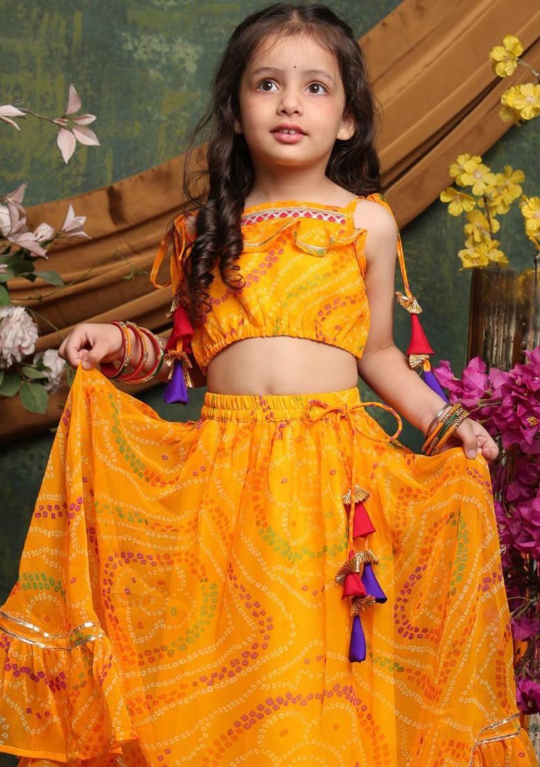 Yellow Printed Blended Lehenga Choli For Girls - Indya
