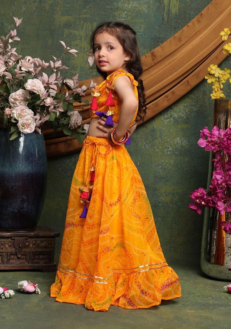 Yellow Printed Blended Lehenga Choli For Girls - Indya