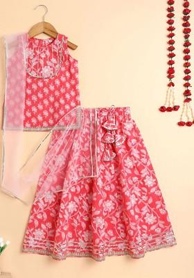 Peach Embellished Cotton Blend Lehenga Choli For Girls
