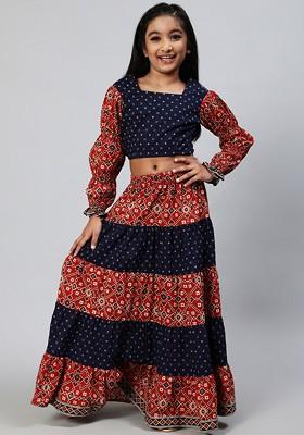 Maroon Printed Blended Lehenga Choli For Girls