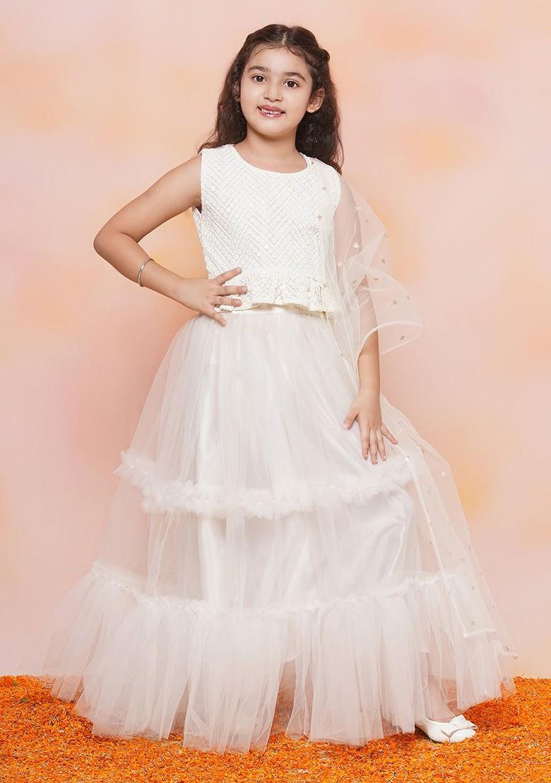 White Embroidered Blended Lehenga Choli For Girls - Indya
