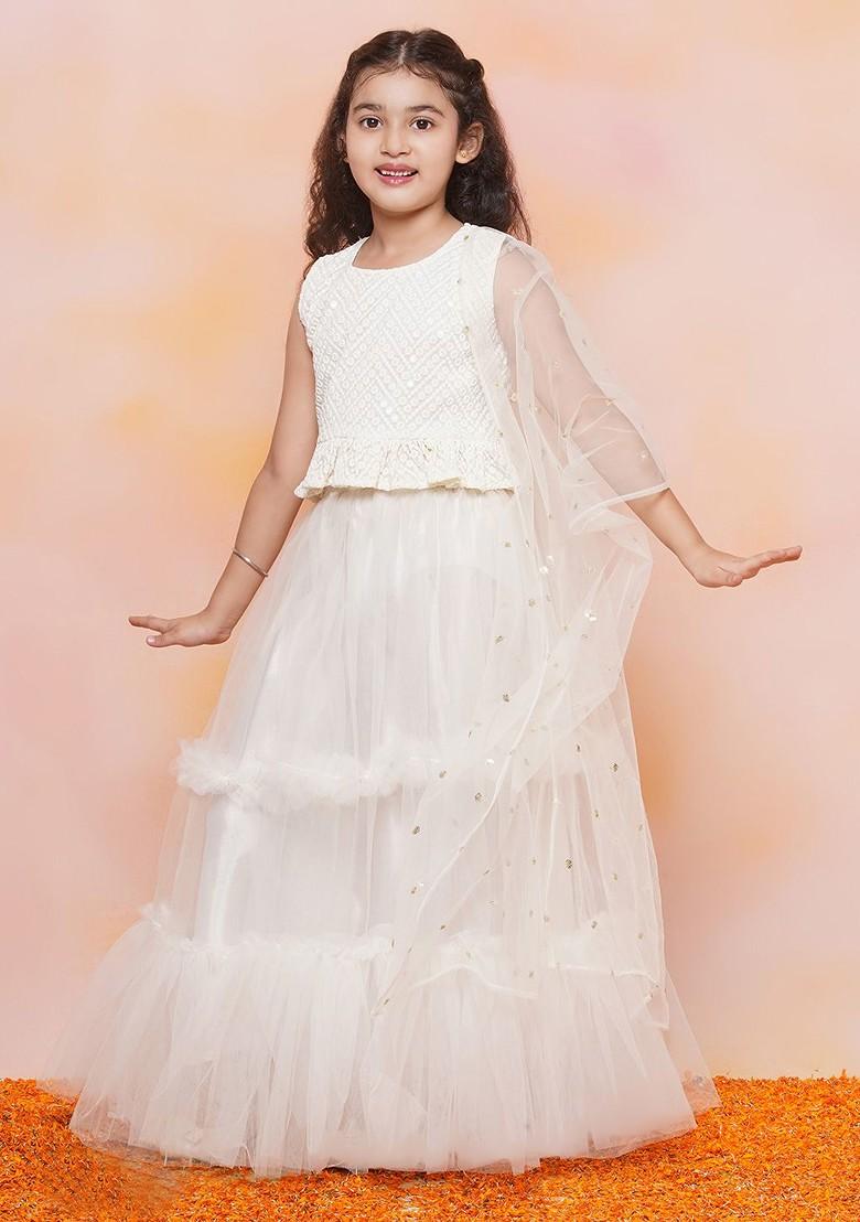 White Embroidered Blended Lehenga Choli For Girls - Indya