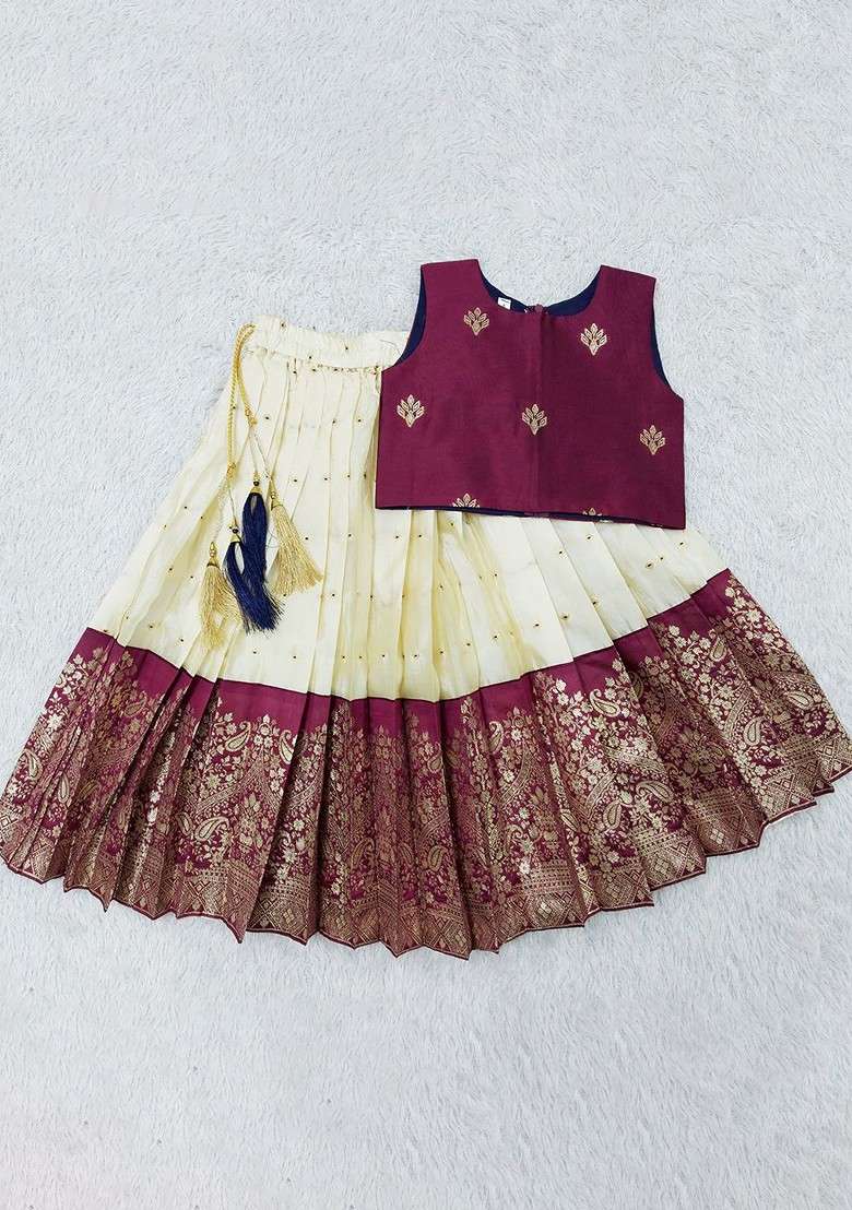 Maroon Embroidered Blended Lehenga Choli For Girls - Indya