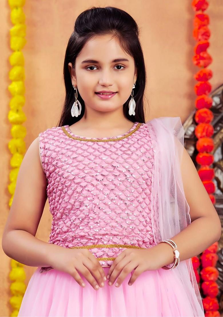 Pink Embroidered Net Lehenga Choli For Girls - Indya