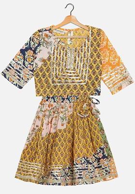 Navy Blue Printed Blended Lehenga Choli For Girls