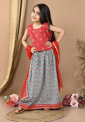 Red Embroidered Cotton Blend Lehenga Choli For Girls