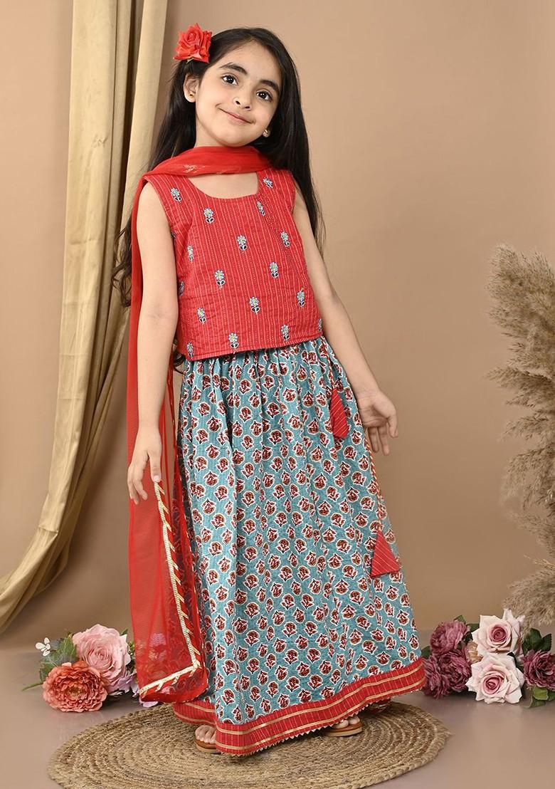 Red Embroidered Cotton Blend Lehenga Choli For Girls - Indya