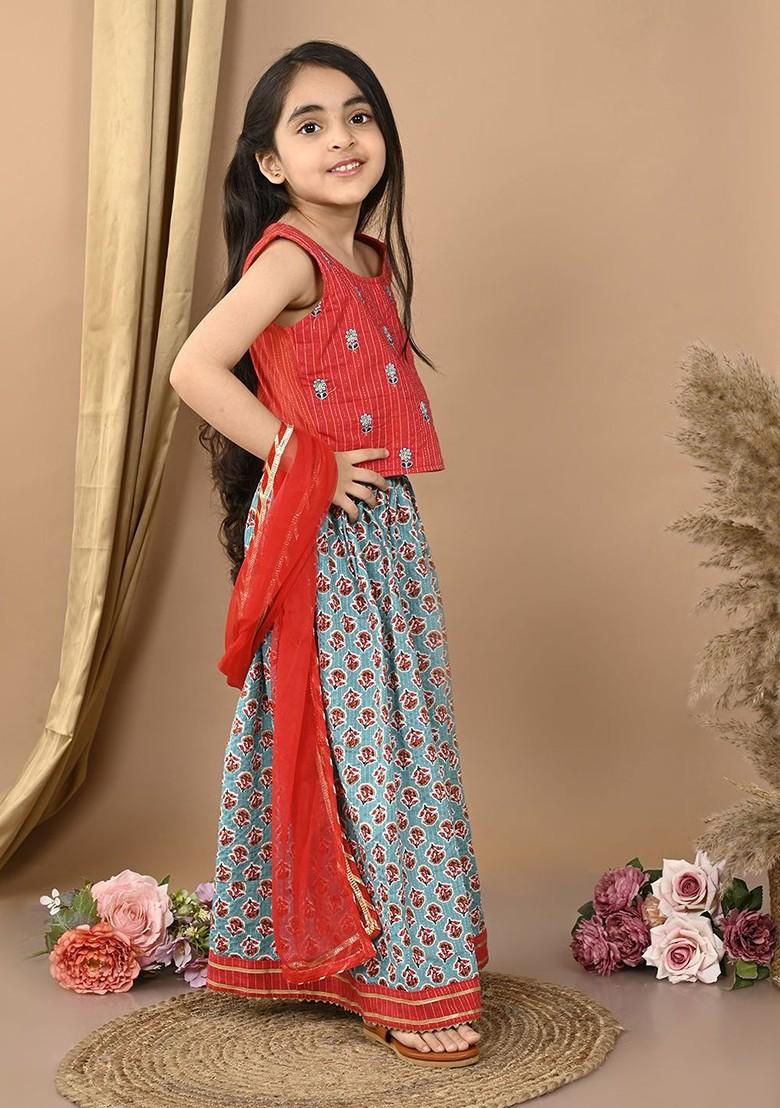 Red Embroidered Cotton Blend Lehenga Choli For Girls - Indya