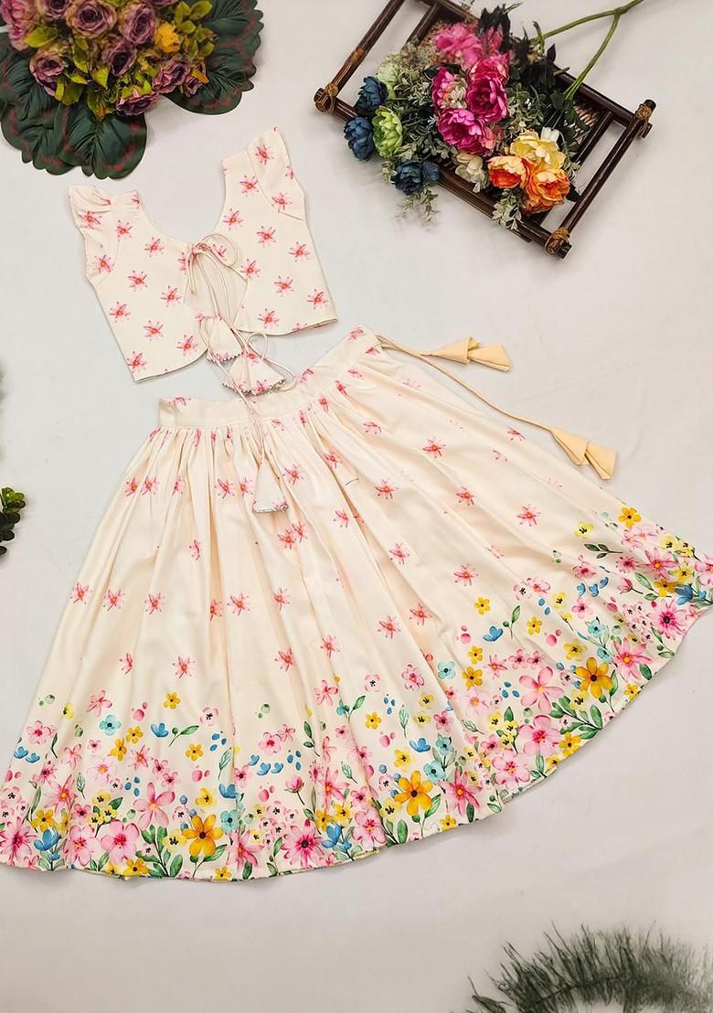 Cream Printed Viscose Lehenga Choli For Girls - Indya