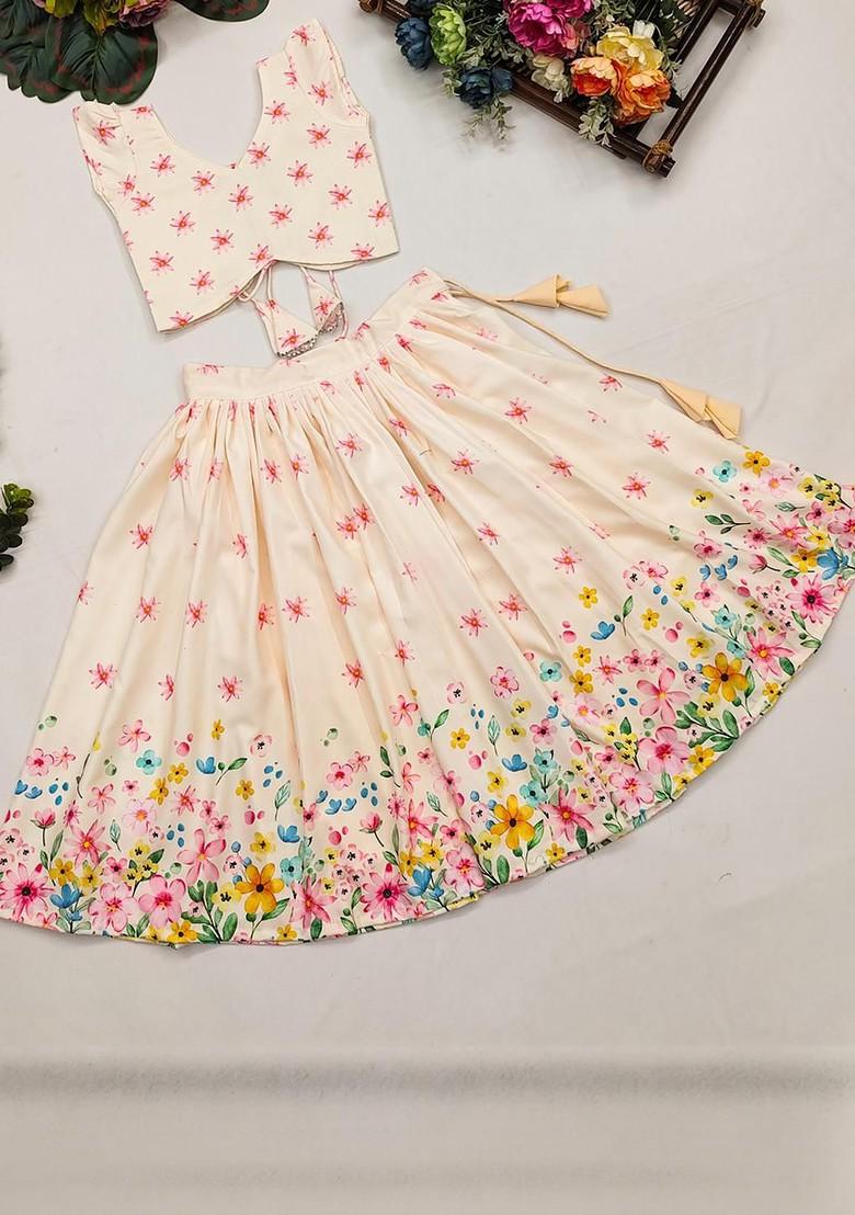Cream Printed Viscose Lehenga Choli For Girls - Indya