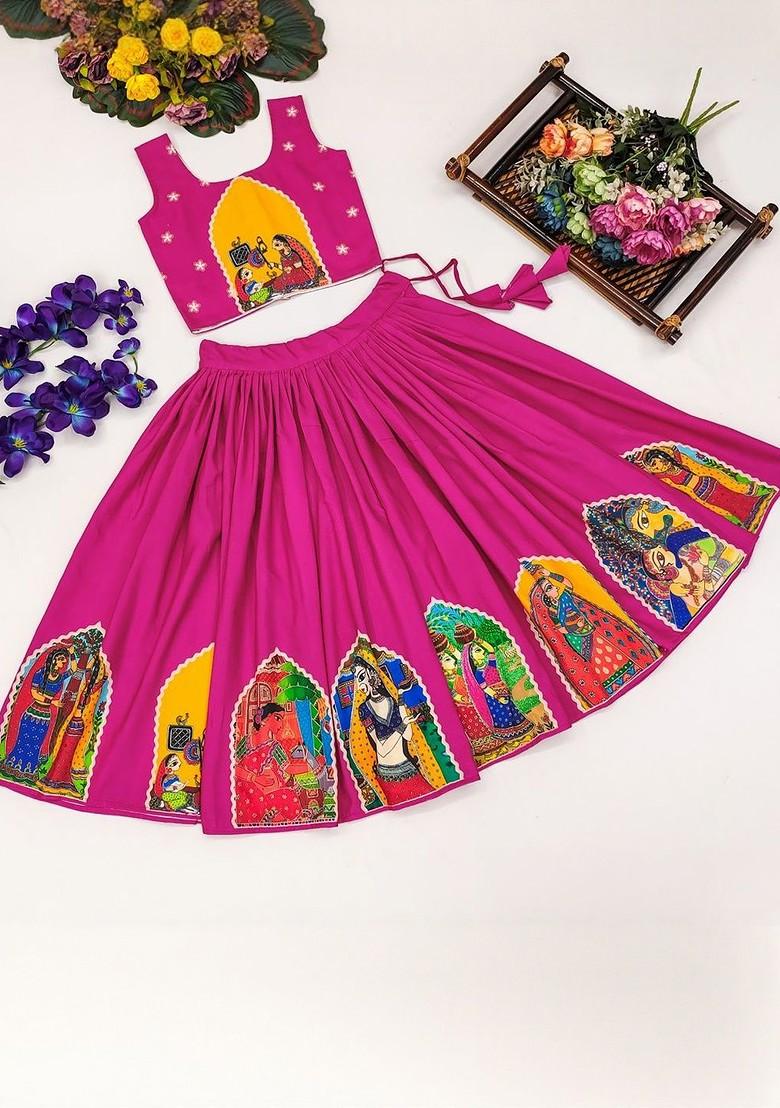 Pink Printed Cotton Blend Lehenga Choli For Girls - Indya