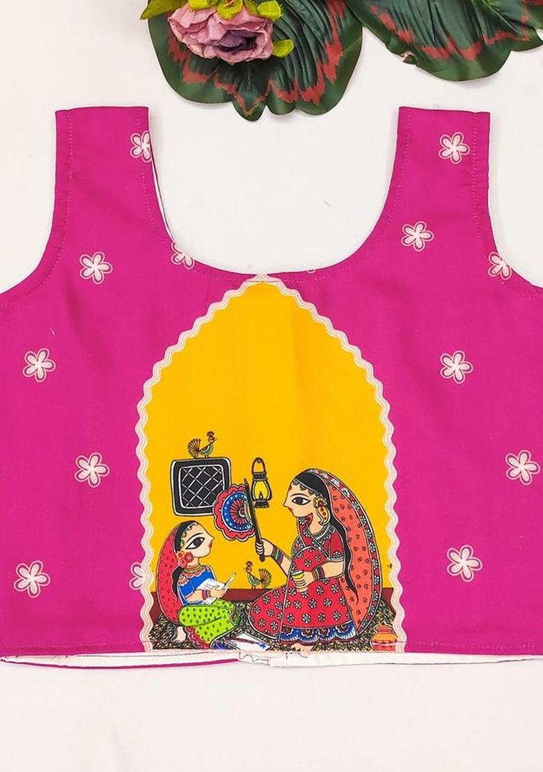 Pink Printed Cotton Blend Lehenga Choli For Girls - Indya