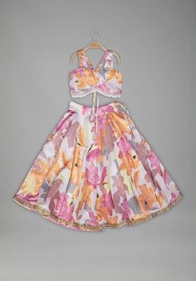 Orange Embroidered Blended Lehenga Choli For Girls