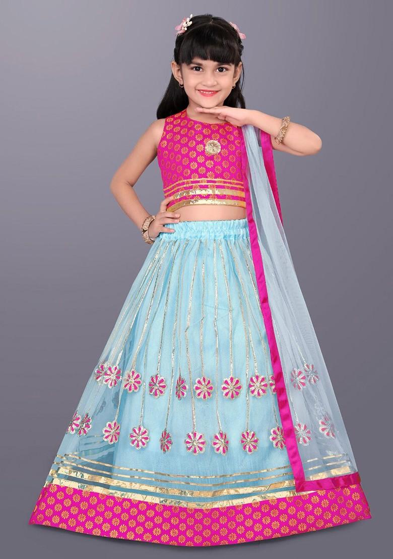 Blue Embroidered Blended Lehenga Choli For Girls - Indya