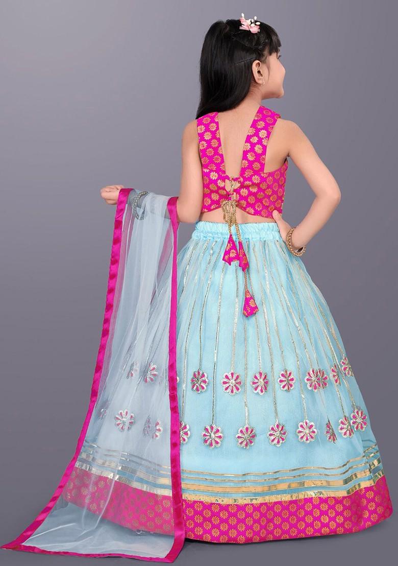 Blue Embroidered Blended Lehenga Choli For Girls - Indya