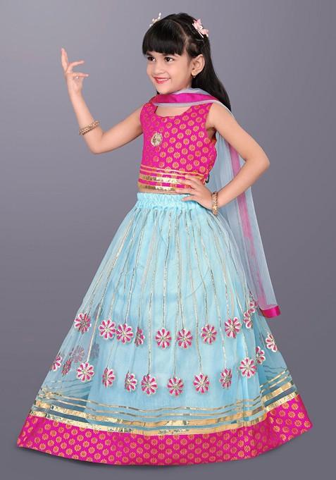 Blue Embroidered Blended Lehenga Choli For Girls