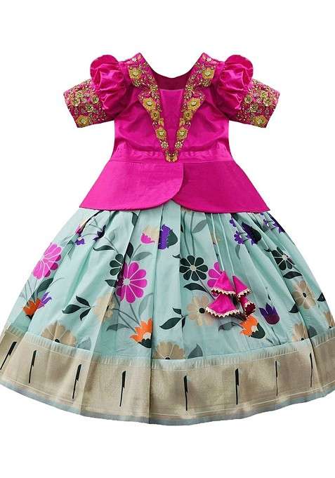 Pink Embroidered Blended Lehenga Choli For Girls