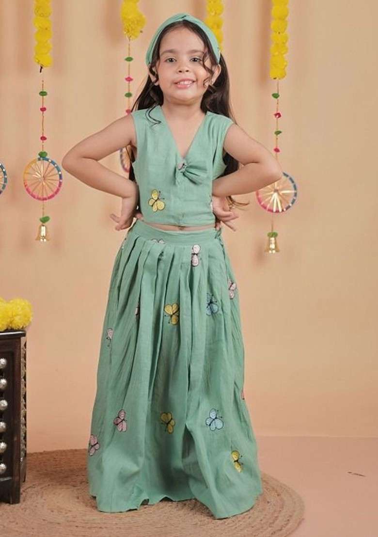 Grey Embroidered Cotton Blend Lehenga Choli For Girls - Indya