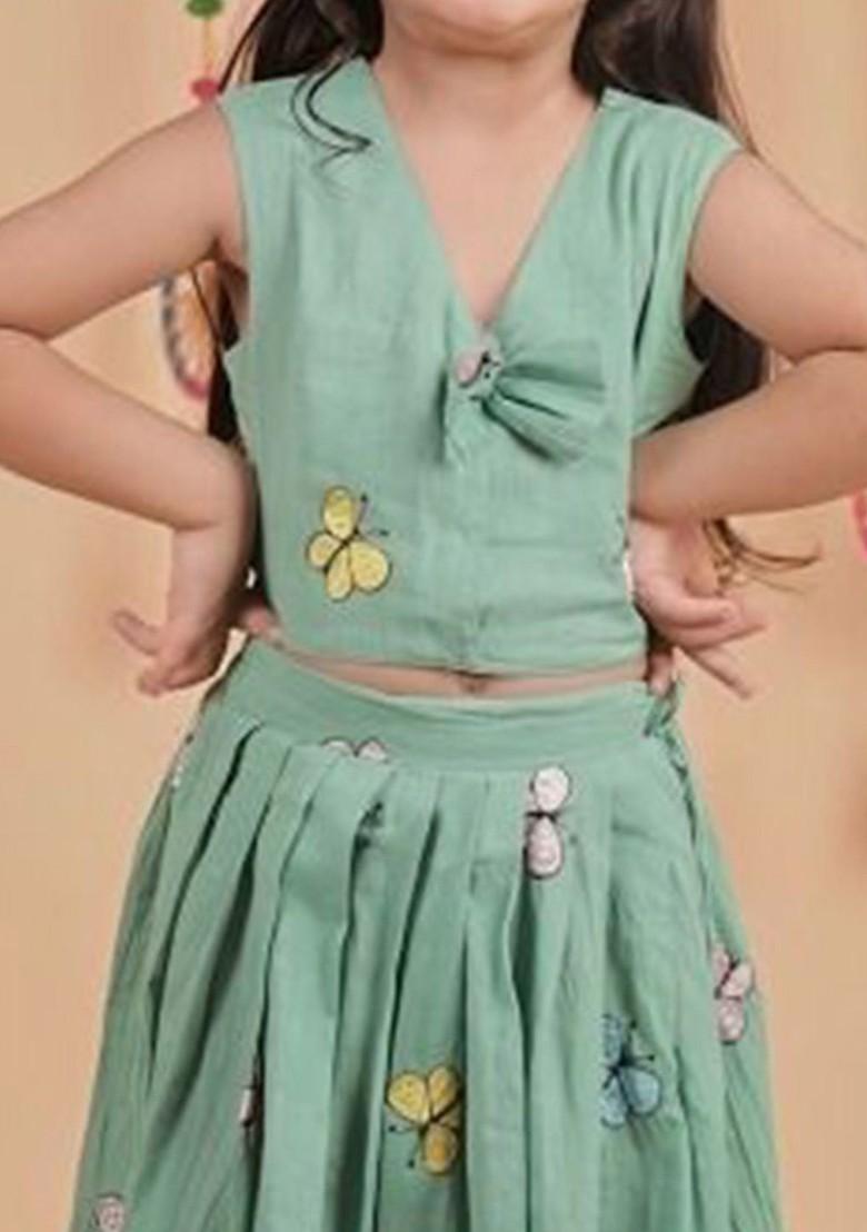 Grey Embroidered Cotton Blend Lehenga Choli For Girls - Indya