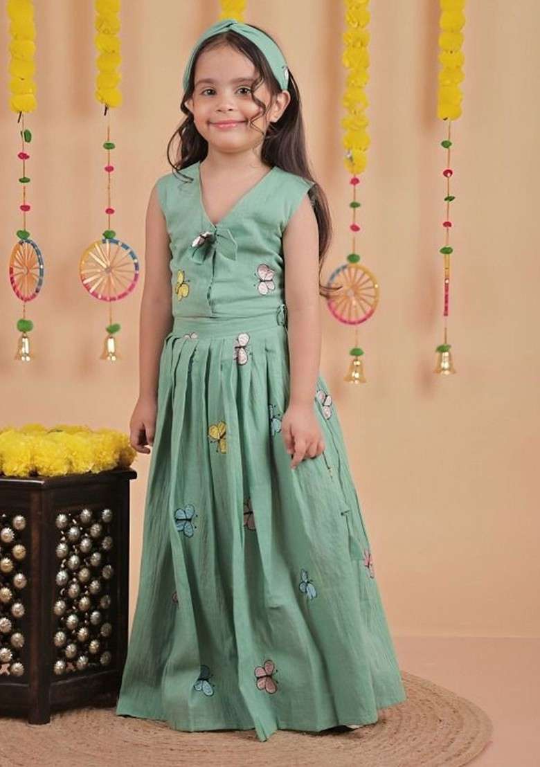 Grey Embroidered Cotton Blend Lehenga Choli For Girls - Indya