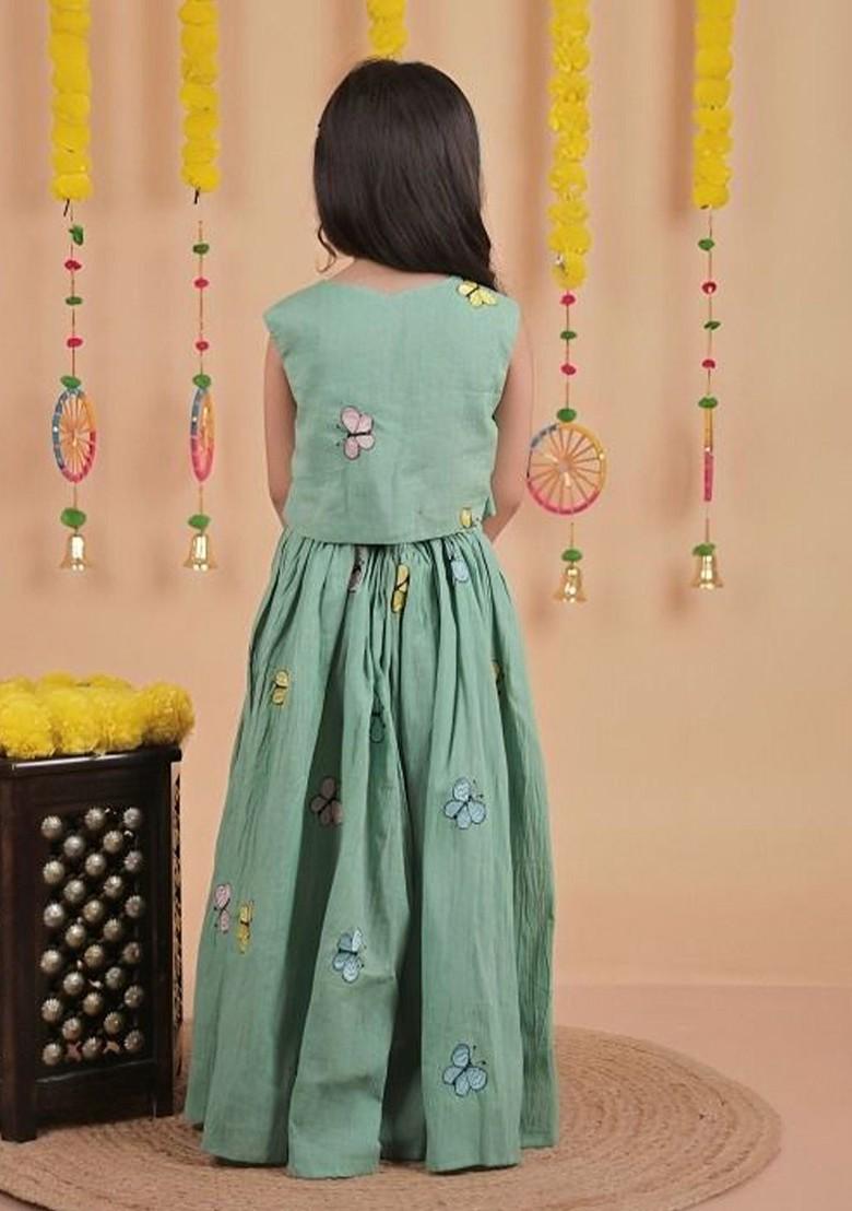 Grey Embroidered Cotton Blend Lehenga Choli For Girls - Indya