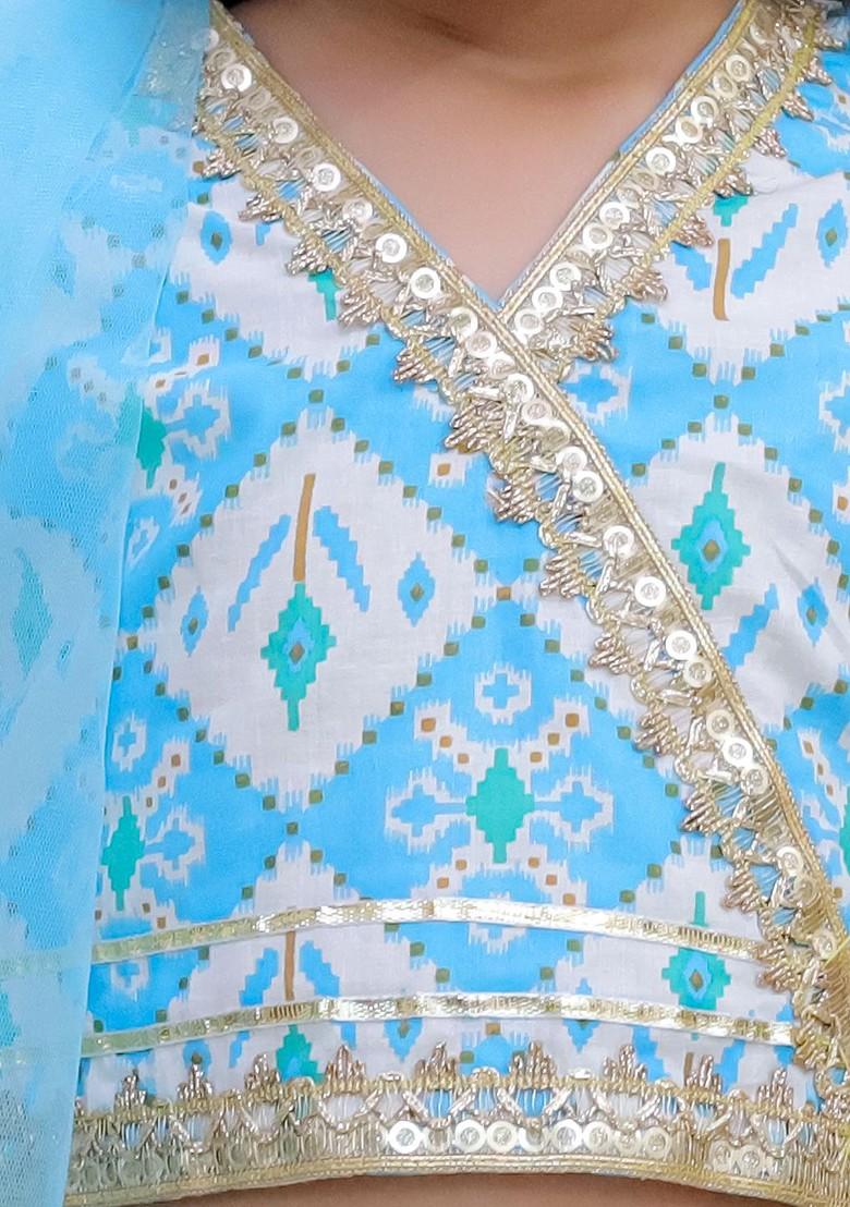 Blue Printed Cotton Blend Lehenga Choli For Girls - Indya