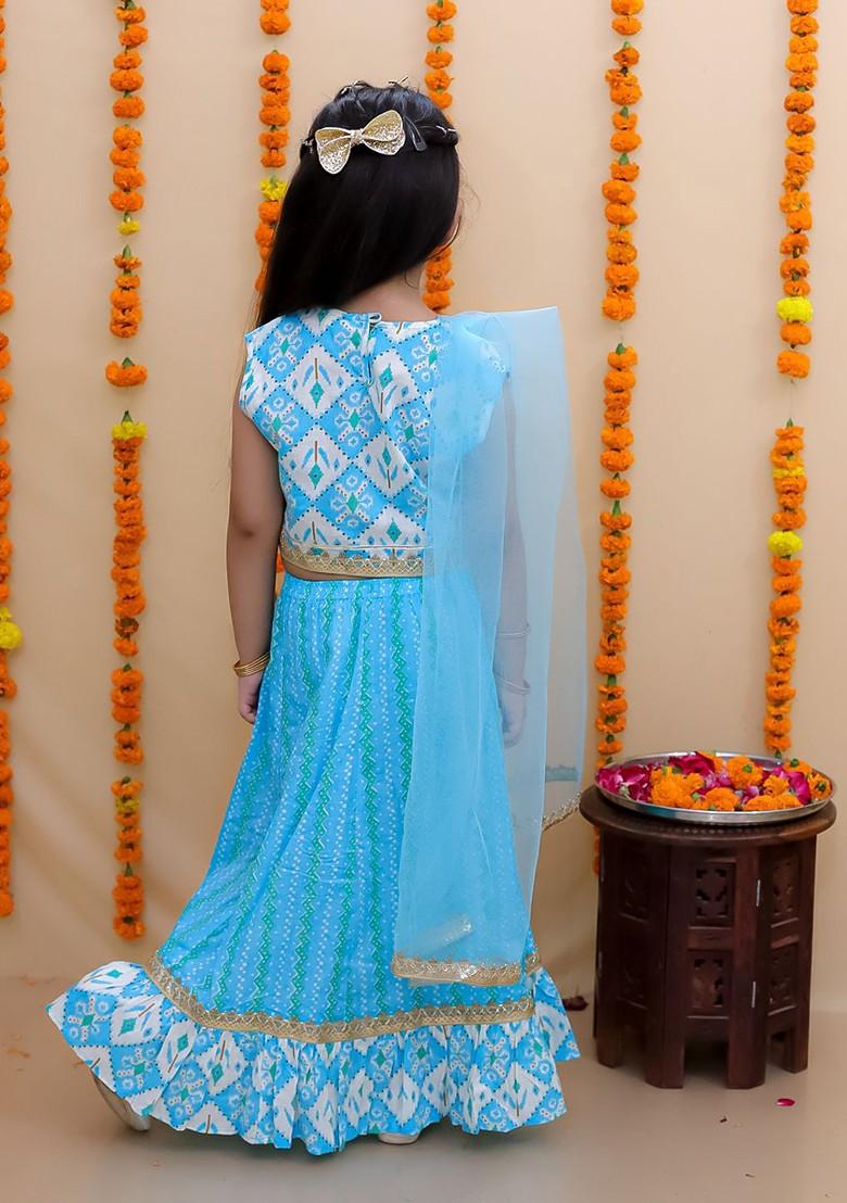 Blue Printed Cotton Blend Lehenga Choli For Girls - Indya