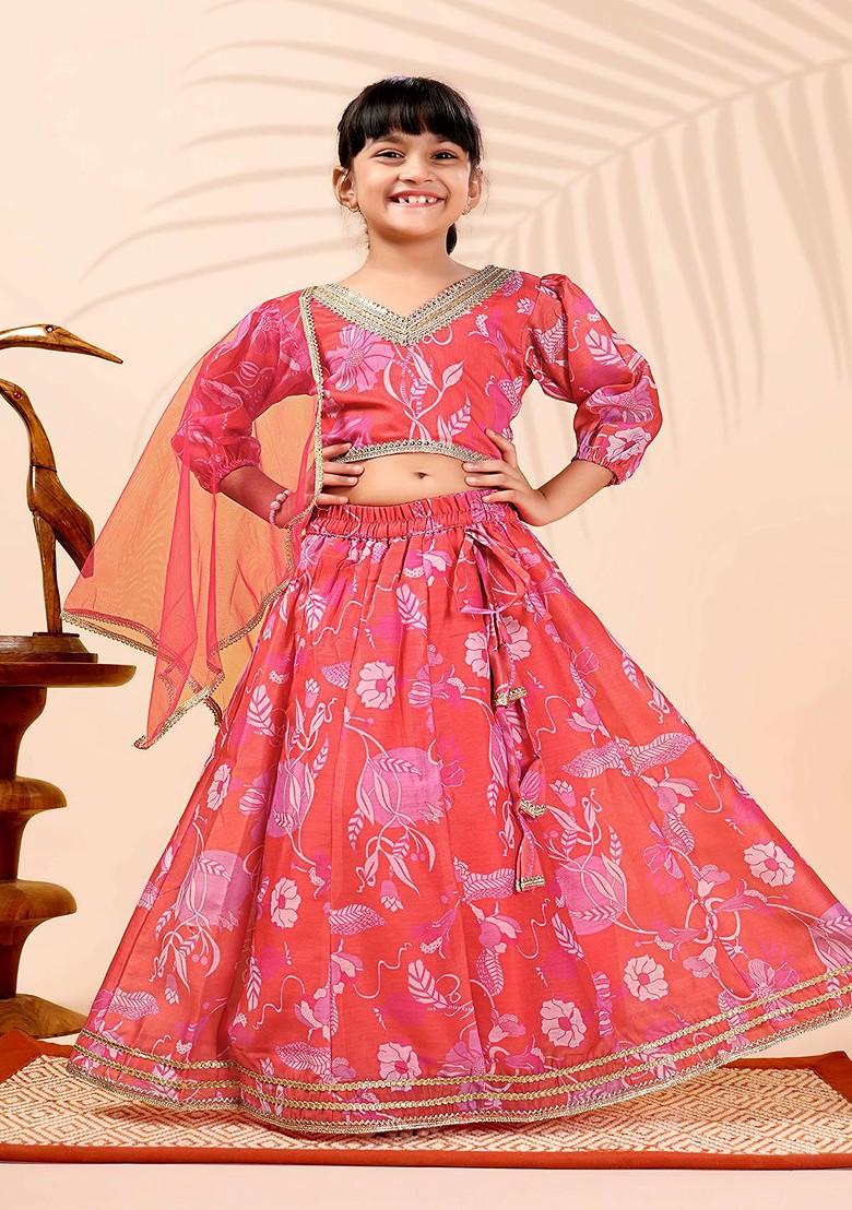 Pink Printed Blended Lehenga Choli For Girls - Indya
