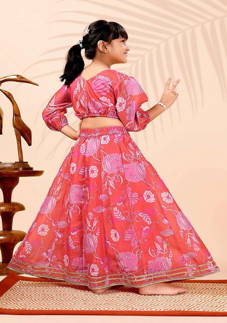 Pink Printed Blended Lehenga Choli For Girls - Indya