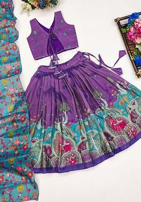 Purple Printed Blended Lehenga Choli For Girls