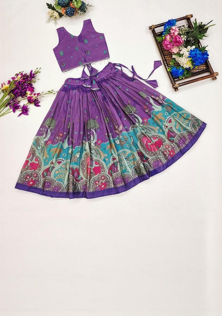 Purple Printed Blended Lehenga Choli For Girls - Indya