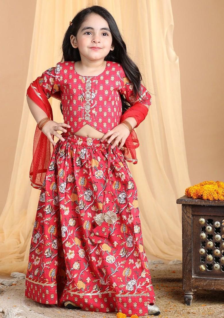 Red Embroidered Blended Lehenga Choli For Girls - Indya