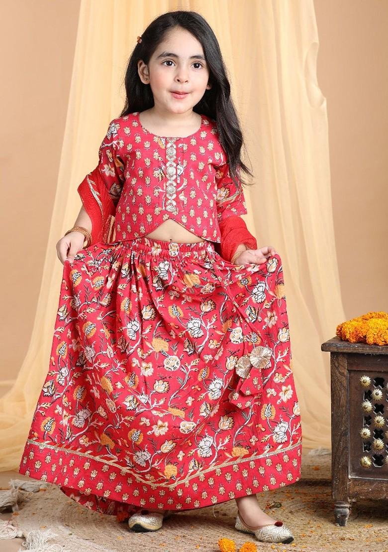 Red Embroidered Blended Lehenga Choli For Girls - Indya
