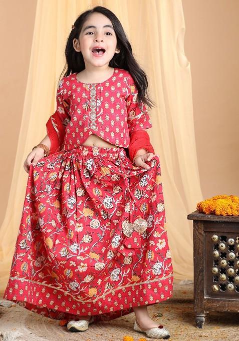 Red Embroidered Blended Lehenga Choli For Girls