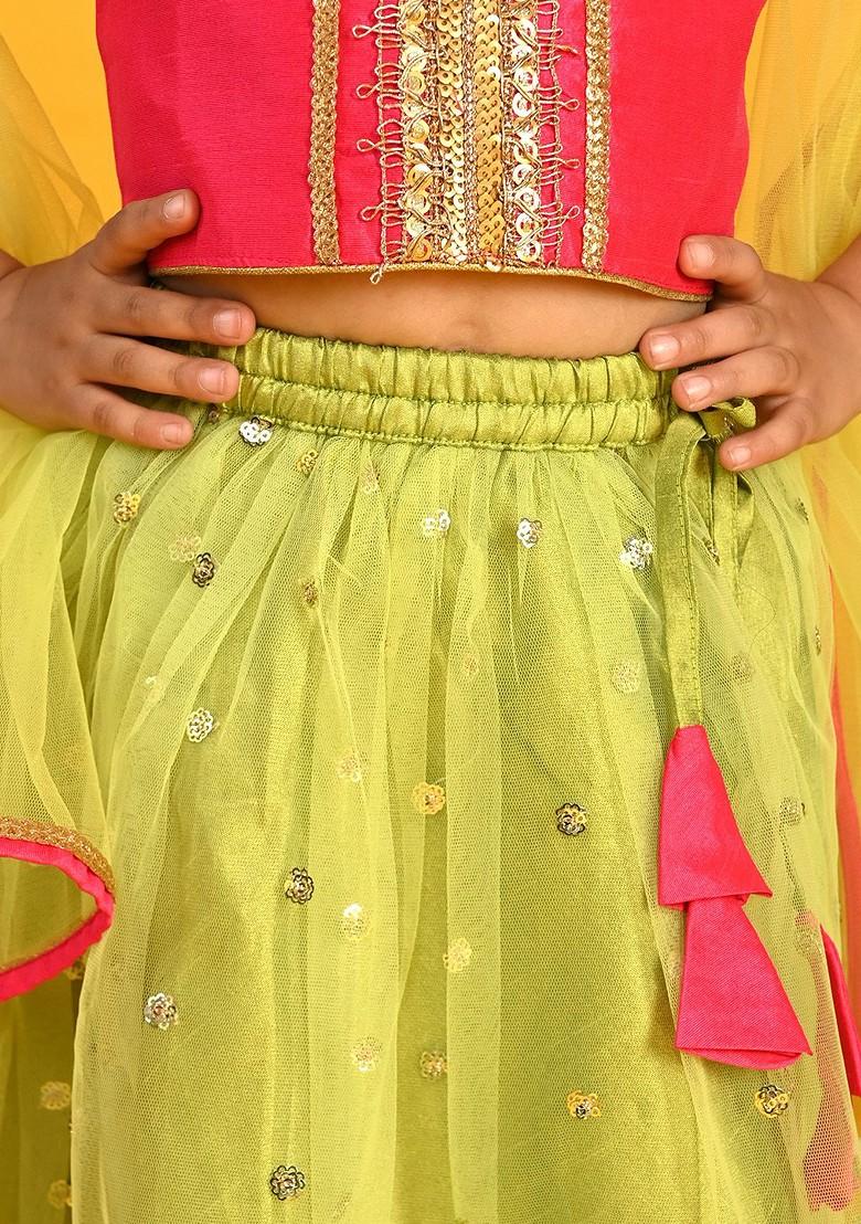 Fluorescent Green Embellished Blended Lehenga Choli For Girls - Indya