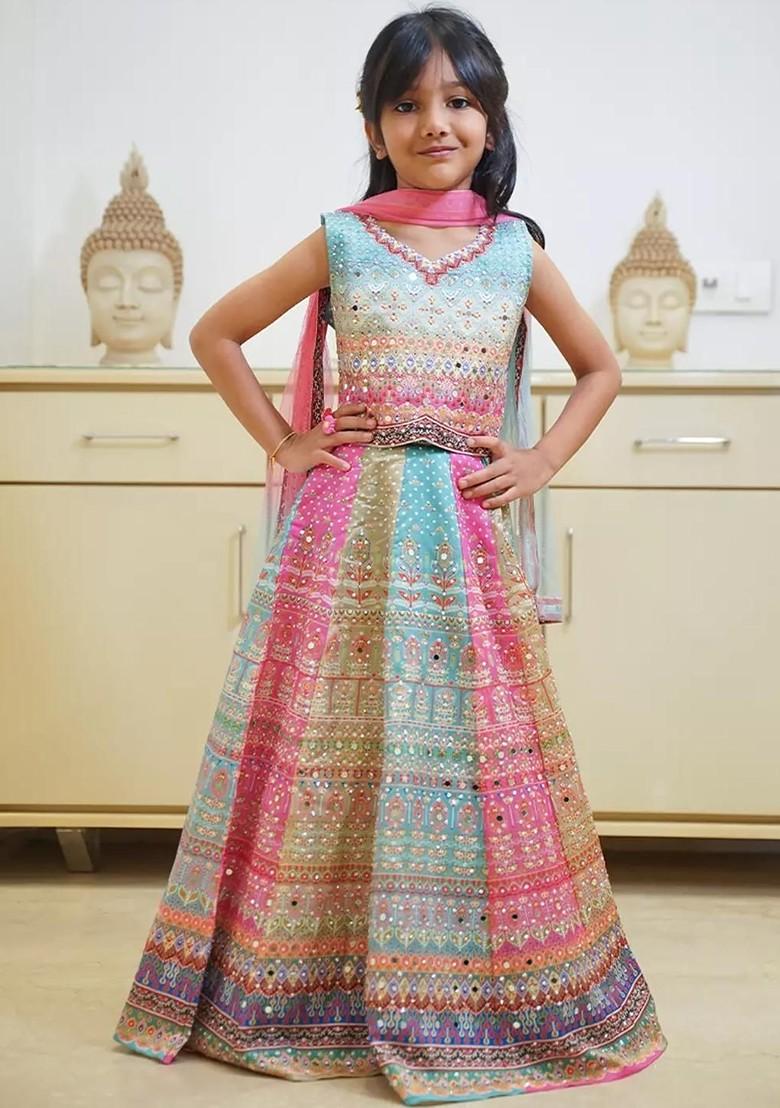 Multicolor Embroidered Silk Lehenga Choli For Girls - Indya