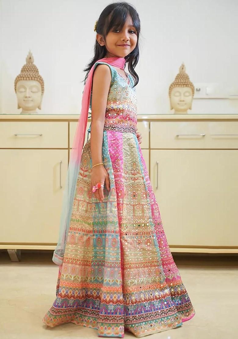 Multicolor Embroidered Silk Lehenga Choli For Girls - Indya