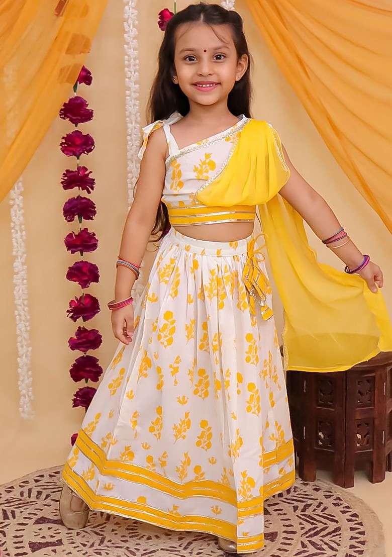 Yellow Printed Cotton Blend Lehenga Choli For Girls - Indya