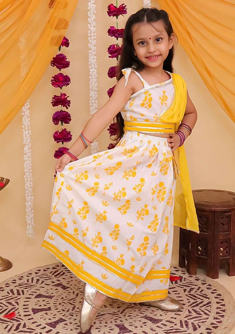 Yellow Printed Cotton Blend Lehenga Choli For Girls - Indya