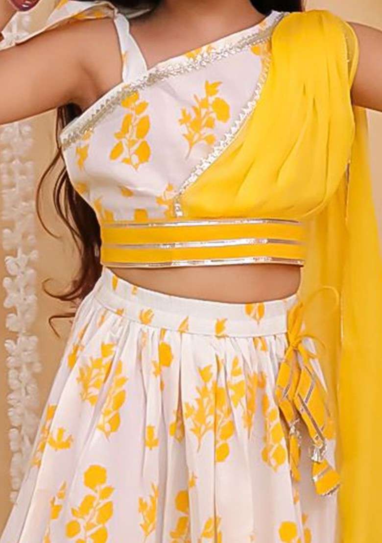 Yellow Printed Cotton Blend Lehenga Choli For Girls - Indya