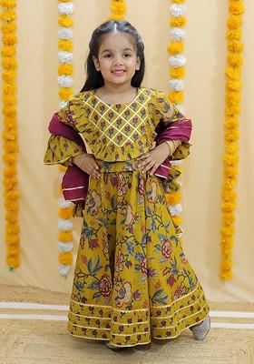 Mustard Printed Blended Lehenga Choli For Girls