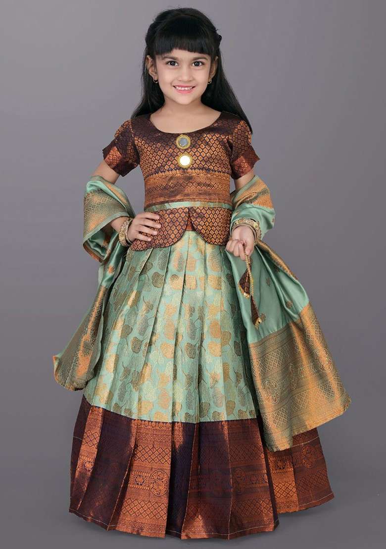 Sea Green Embroidered Blended Lehenga Choli For Girls - Indya