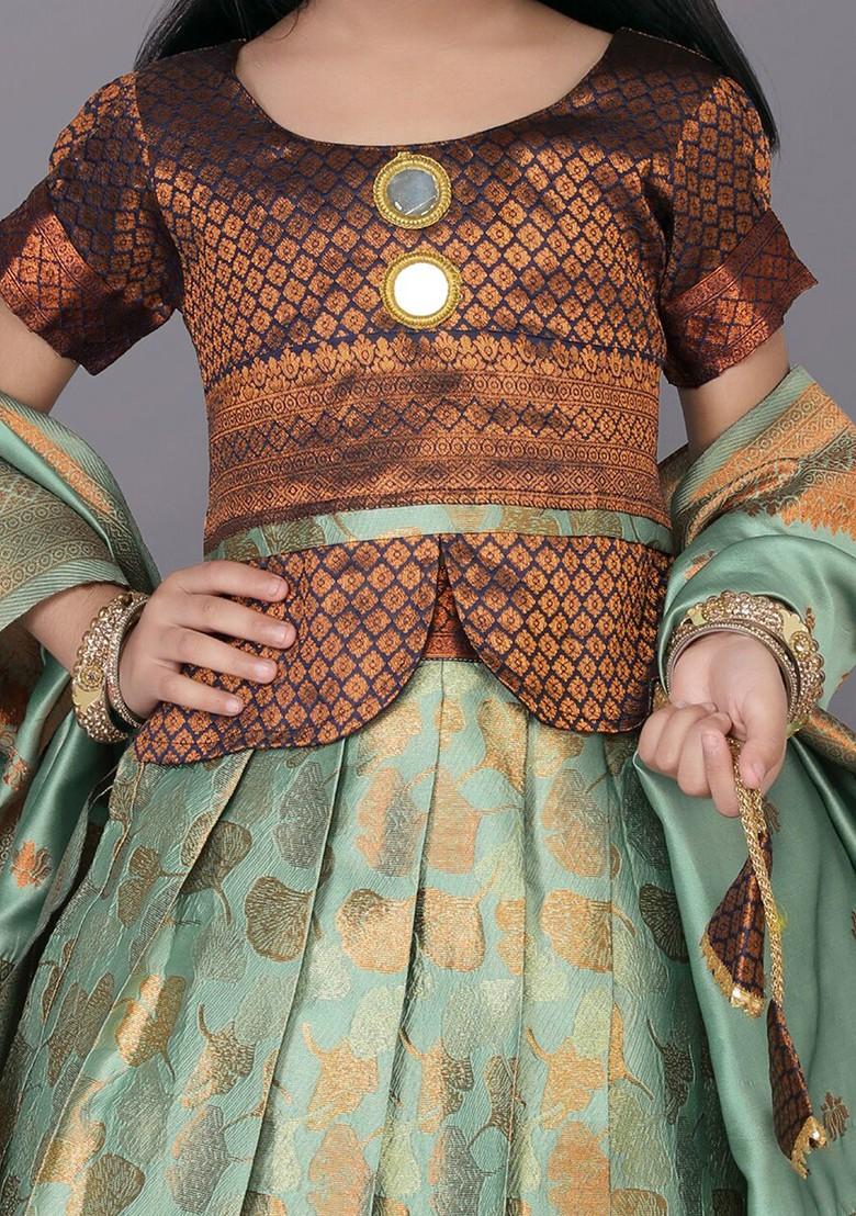 Sea Green Embroidered Blended Lehenga Choli For Girls - Indya