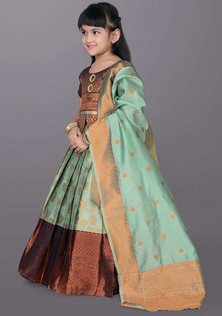 Sea Green Embroidered Blended Lehenga Choli For Girls - Indya