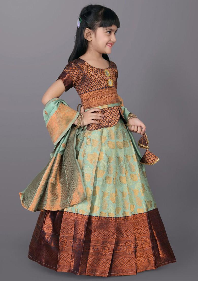 Sea Green Embroidered Blended Lehenga Choli For Girls - Indya