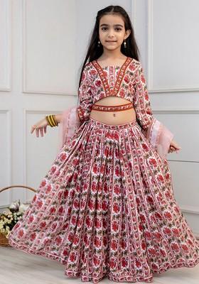 White Printed Cotton Blend Lehenga Choli For Girls